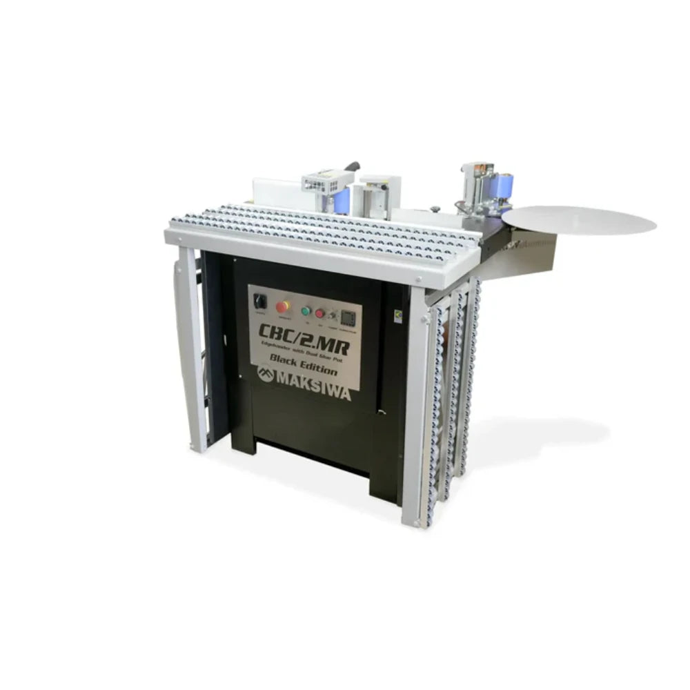 Maksiwa CBC/2.MR dual glue pot cabinet edgebander with long roller infeed/outfeed table