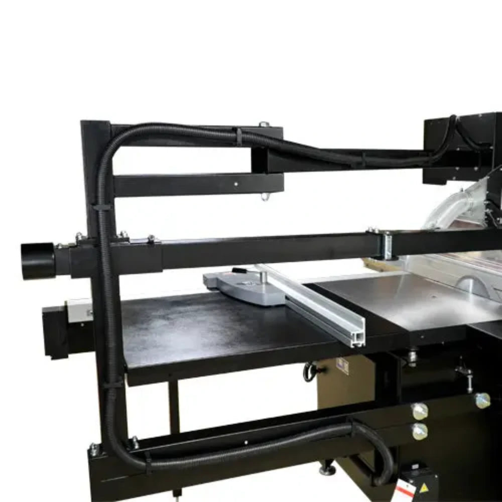 Side angle of sliding saw base with outrigger support platform