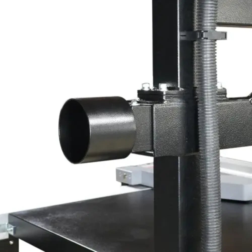 Dust extraction hose and support arm behind sliding table