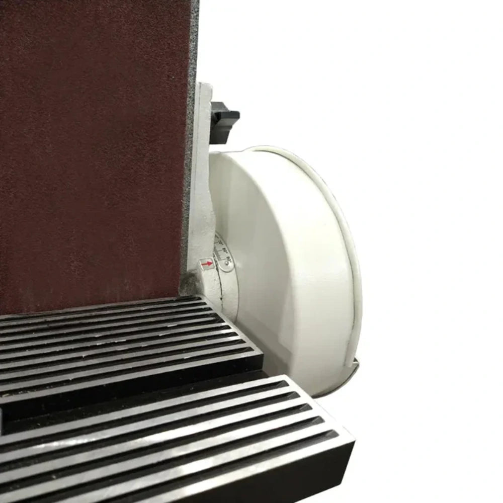 Angled view of belt sander with tilting disc table assembly