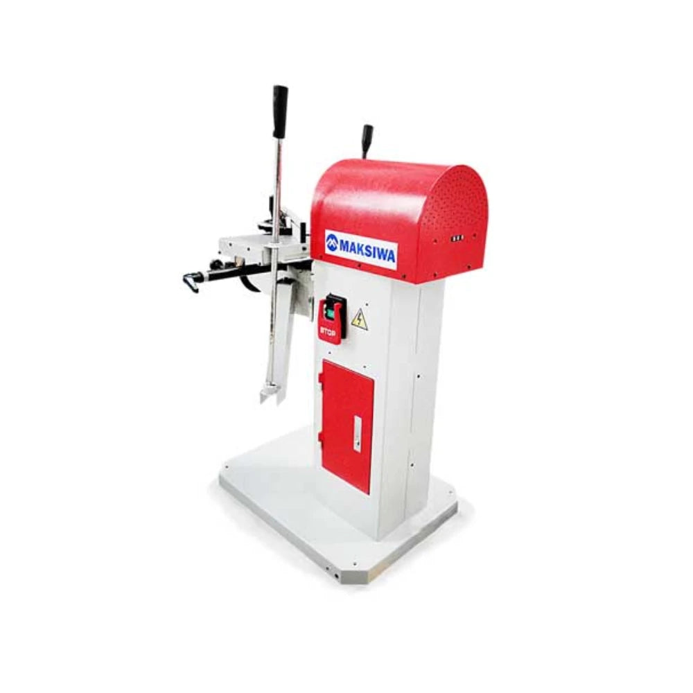 Angled view of mortiser table, fence, and feed handles