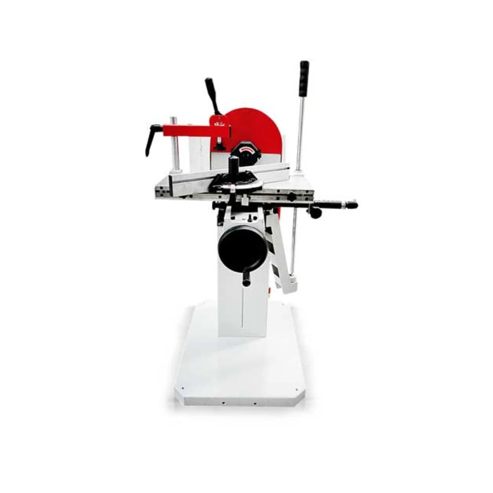 Front view showing woodworking mortiser clamping table and lever controls