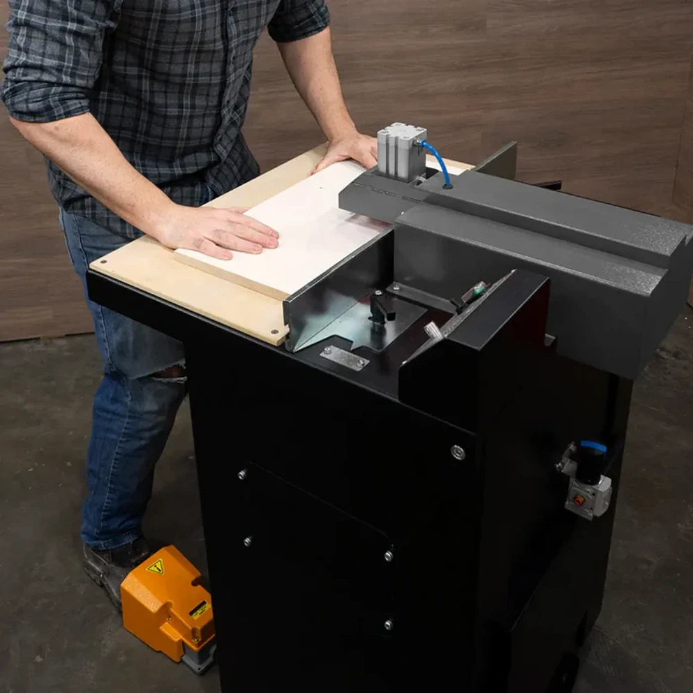 Close-up of drill head and measuring fence for repeatable pocket holes